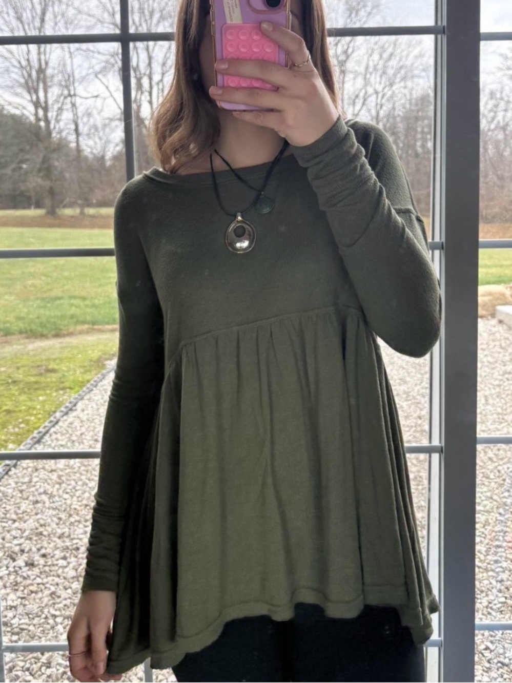 Free People Olive Green Long Sleeve Babydoll Top Size XS